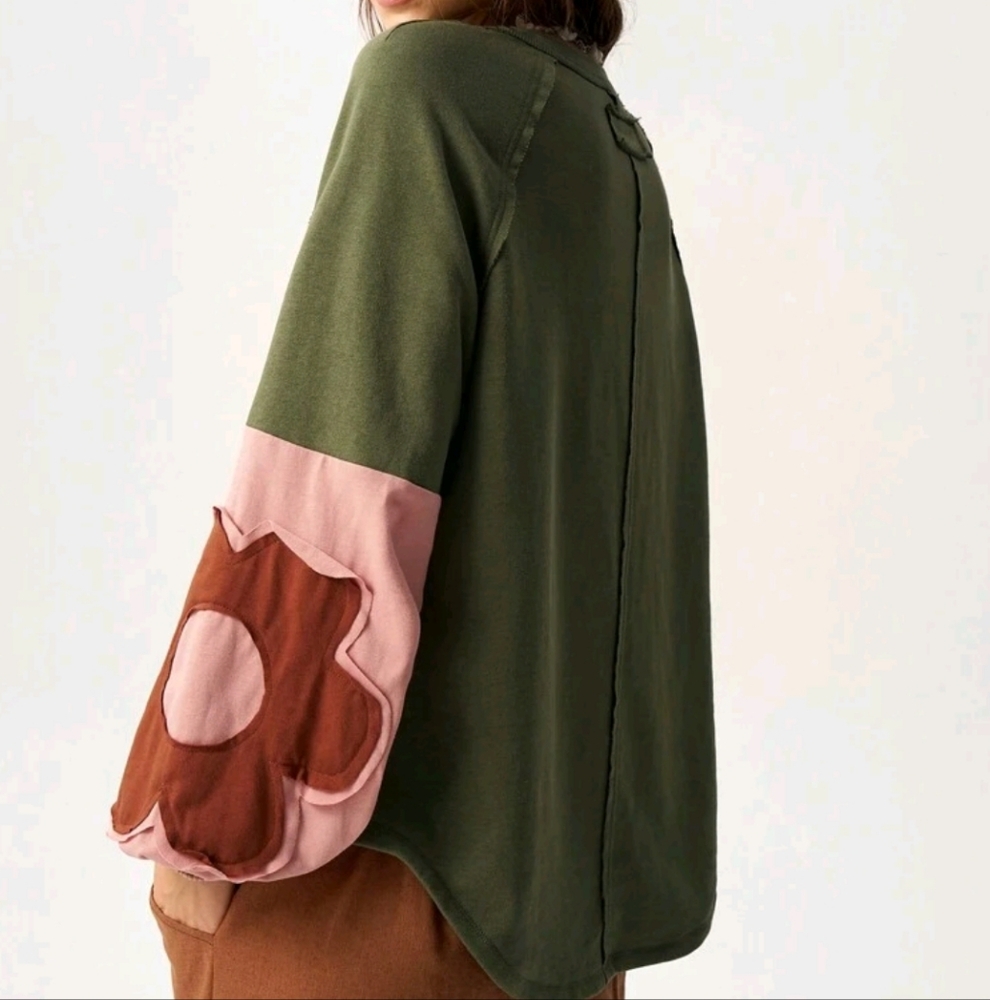 Women's Solid Color Block Crew Neck Long Sleeve Floral Decor Sweatshirt